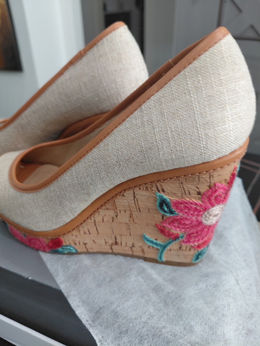 Antonio Melani Beige Linen Wedge Heels with Pink Floral Embroidery